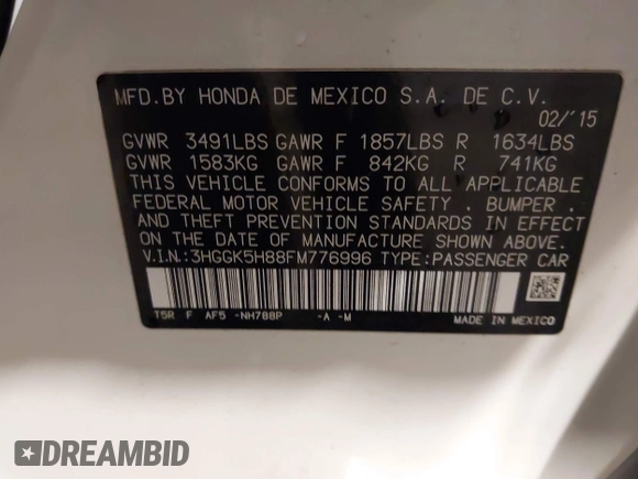 2015 Honda Fit EX-L with VIN 3HGGK5H88FM776996, listed as a IAAI auction lot 42431688 with 50,566 mi miles and . Bid and sale history available at DreamBid. Image 9.