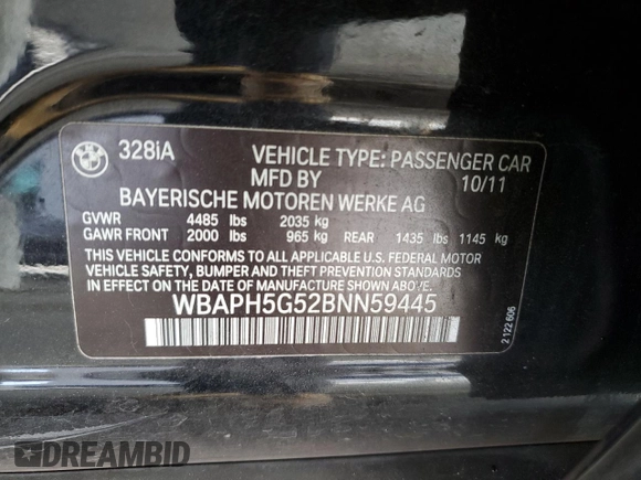 2011 BMW 3 Series 328i with VIN WBAPH5G52BNN59445, listed as a Copart auction lot 53699545 with 150,887 mi miles and Salvage Title. Bid and sale history available at DreamBid. Image 12.