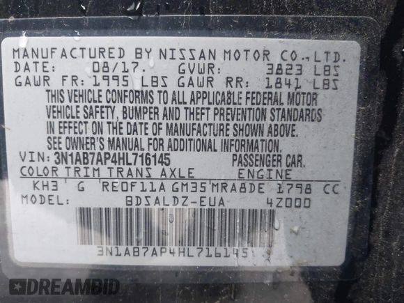 2017 Nissan Sentra SV with VIN 3N1AB7AP4HL716145, listed as a IAAI auction lot 38375506 with 72,643 mi miles and . Bid and sale history available at DreamBid. Image 9.