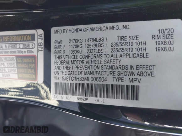 2021 Acura RDX with VIN 5J8TC1H33ML006504, listed as a IAAI auction lot 41933576 with 77,045 mi miles. Bid and sale history available at carsss.com. Image 9.