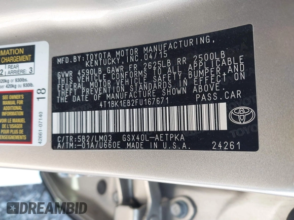 2015 Toyota Avalon Limited with VIN 4T1BK1EB2FU167671, listed as a IAAI auction lot 41710375 with 77,126 mi miles and . Bid and sale history available at DreamBid. Image 9.