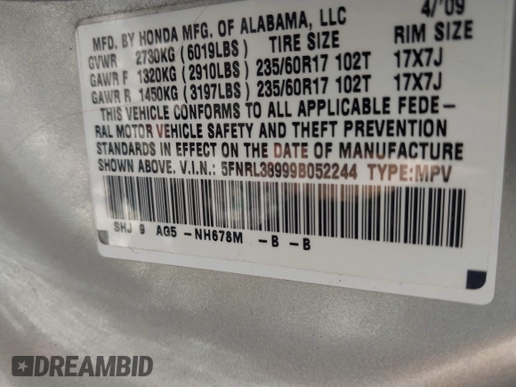 2009 Honda Odyssey Touring z VIN 5FNRL38999B052244, wystawiony jako IAAI lot #42085003 z przebiegiem 269 402 mil mil oraz . Historia ofert i sprzedaży dostępna na DreamBid. Obrazek 9.