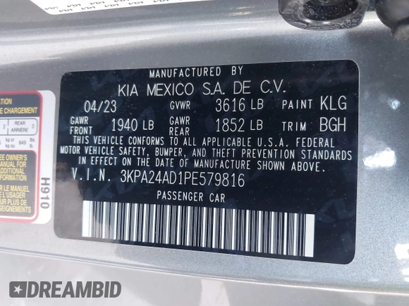 2023 Kia Rio S z VIN 3KPA24AD1PE579816, wystawiony jako IAAI lot #41349202 z przebiegiem 5784 mil mil oraz . Historia ofert i sprzedaży dostępna na DreamBid. Obrazek 9.
