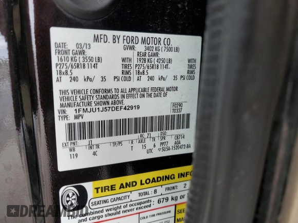 2013 Ford Expedition XLT with VIN 1FMJU1J57DEF42919, listed as a Copart auction lot 60502075 with 218,559 mi miles and Salvage title. Bid and sale history available at DreamBid. Image 13.