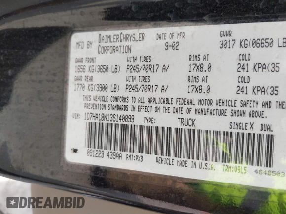2003 Dodge 1500 ST with VIN 1D7HA18N13S140899, listed as a IAAI auction lot 42108283 with 133,495 mi miles and . Bid and sale history available at DreamBid. Image 9.