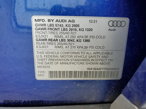 2022 Audi SQ5 Premium Plus with VIN WA1B4AFY7N2049525, listed as a Copart auction lot 54651604 with 22,554 mi miles and . Bid and sale history available at DreamBid. Image 15.