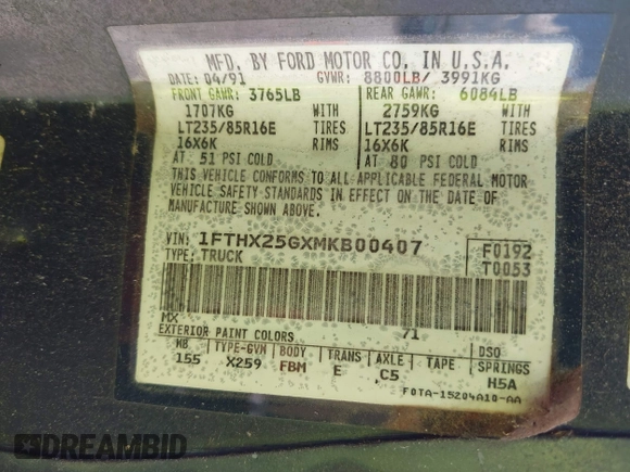 1991 Ford F-250 с VIN 1FTHX25GXMKB00407, выставлен на аукционе IAAI как лот 42665772 с пробегом 86 147 миль миль и . История ставок и продаж доступна на DreamBid. Изображение 9.