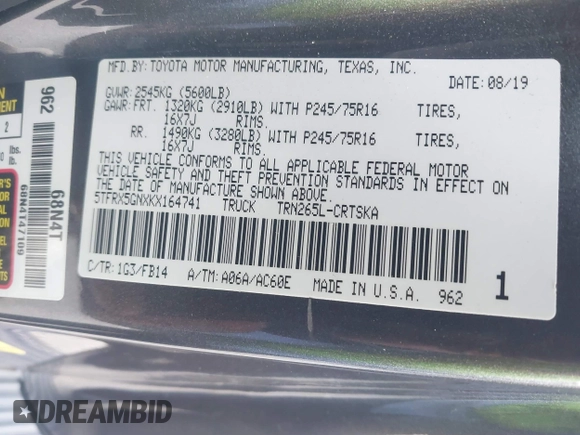 2019 Toyota Tacoma SR с VIN 5TFRX5GNXKX164741, выставлен на аукционе IAAI как лот 41446753 с пробегом 34 081 миль миль и . История ставок и продаж доступна на DreamBid. Изображение 9.