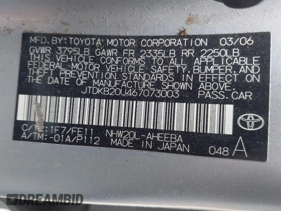 2006 Toyota Prius with VIN JTDKB20U467073003, listed as a IAAI auction lot 41852366 with 164,107 mi miles and . Bid and sale history available at DreamBid. Image 9.