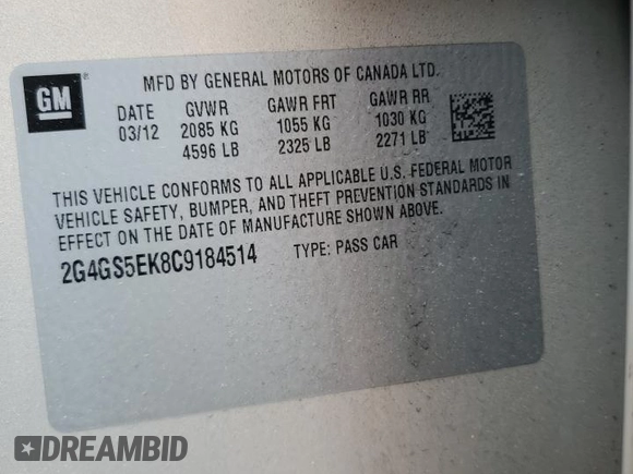 2012 Buick Regal Premium 1 with VIN 2G4GS5EK8C9184514, listed as a Copart auction lot 61380945 with 111,676 mi miles and Salvage title. Bid and sale history available at DreamBid. Image 12.
