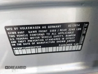2014 Volkswagen CC R-Line with VIN WVWBP7AN0EE527649, listed as a IAAI auction lot 42009588 with 122,964 mi miles. Bid and sale history available at carsss.com. Image 9.