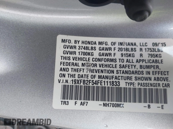 2015 Honda Civic Sedan LX with VIN 19XFB2F54FE111833, listed as a IAAI auction lot 42037241 with 61,080 mi miles. Bid and sale history available at carsss.com. Image 9.
