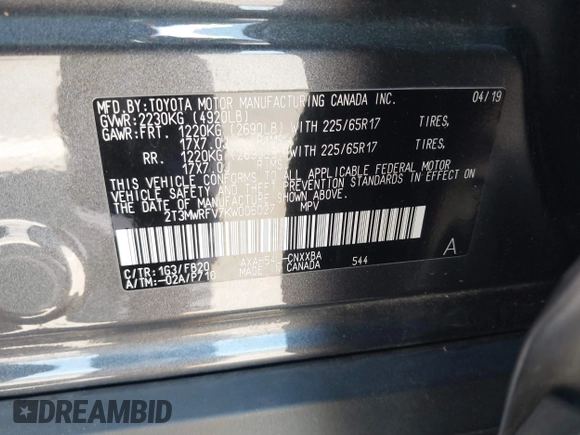 2019 Toyota RAV4 Hybrid LE with VIN 2T3MWRFV7KW006027, listed as a IAAI auction lot 42397600 with 67,205 mi miles and . Bid and sale history available at DreamBid. Image 9.