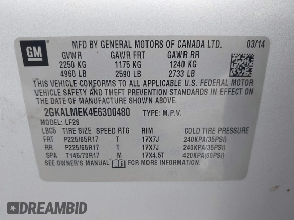 2014 GMC Terrain SLE with VIN 2GKALMEK4E6300480, listed as a IAAI auction lot 41916861 with 163,185 mi miles. Bid and sale history available at carsss.com. Image 9.