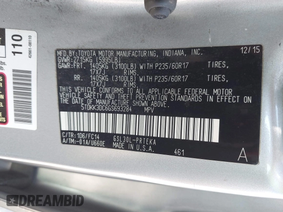 2016 Toyota Sienna LE AAS with VIN 5TDKK3DC6GS693284, listed as a IAAI auction lot 41902616 with 191,709 mi miles. Bid and sale history available at carsss.com. Image 9.