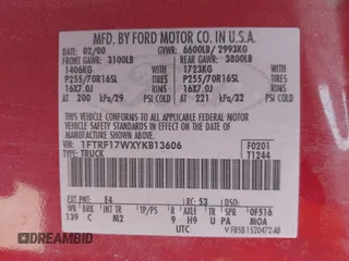 2000 Ford F-150 XL with VIN 1FTRF17WXYKB13606, listed as a IAAI auction lot 42203908 with 177,646 mi miles and . Bid and sale history available at DreamBid. Image 9.