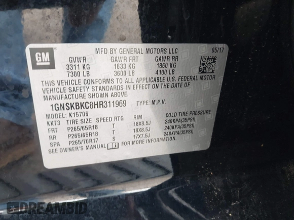2017 Chevrolet Tahoe LT z VIN 1GNSKBKC8HR311969, wystawiony jako IAAI lot #42126414 z przebiegiem 160 994 mil mil oraz . Historia ofert i sprzedaży dostępna na DreamBid. Obrazek 9.