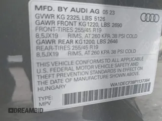 2023 Audi Q3 S line Premium with VIN WA1DECF38P1137384, listed as a IAAI auction lot 41895727 with 28,529 mi miles and . Bid and sale history available at DreamBid. Image 9.