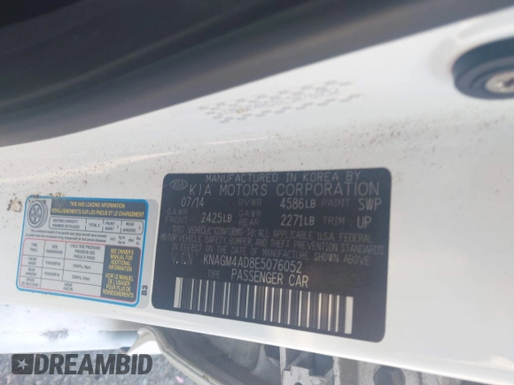 2014 Kia Optima LX with VIN KNAGM4AD8E5076052, listed as a IAAI auction lot 42170715 with 111,448 mi miles and . Bid and sale history available at DreamBid. Image 9.