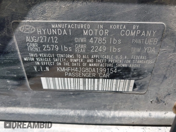 2013 Hyundai Azera with VIN KMHFH4JG8DA199154, listed as a IAAI auction lot 42214060 with 202,461 mi miles and . Bid and sale history available at carsss.com. Image 9.
