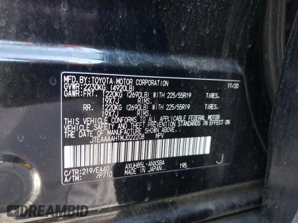 2021 Toyota Venza LE with VIN JTEAAAAH1MJ022208, listed as a Copart auction lot 63158862 with 39,429 mi miles. Bid and sale history available at carsss.com. Image 10.