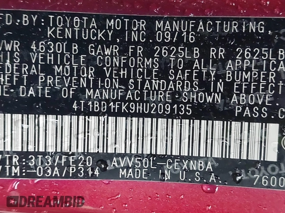 2017 Toyota Camry Hybrid LE with VIN 4T1BD1FK9HU209135, listed as a IAAI auction lot 41668852 with 98,808 mi miles. Bid and sale history available at carsss.com. Image 9.