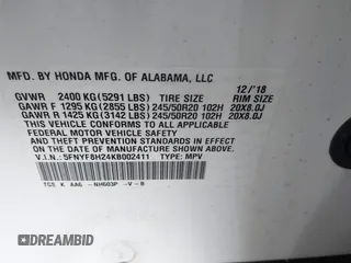 2019 Honda Passport Sport with VIN 5FNYF8H24KB002411, listed as a IAAI auction lot 42567249 with 60,154 mi miles and . Bid and sale history available at DreamBid. Image 9.