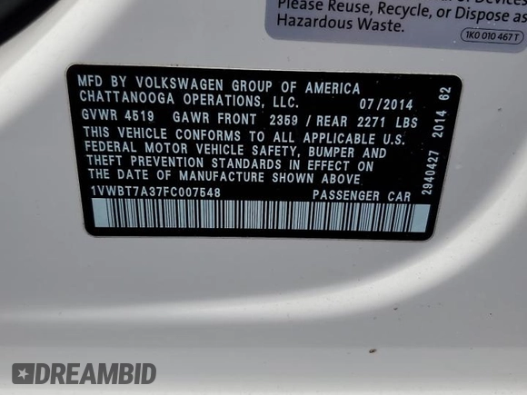 2015 Volkswagen Passat Sport z VIN 1VWBT7A37FC007548, wystawiony jako Copart lot #52492585 z przebiegiem 113 058 mil mil oraz Szkoda całkowita • Salvage title. Historia ofert i sprzedaży dostępna na DreamBid. Obrazek 12.