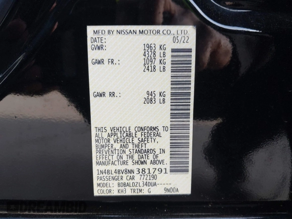 2022 Nissan Altima 2.5 S with VIN 1N4BL4BV8NN381791, listed as a IAAI auction lot 41819319 with 43,902 mi miles. Bid and sale history available at carsss.com. Image 9.