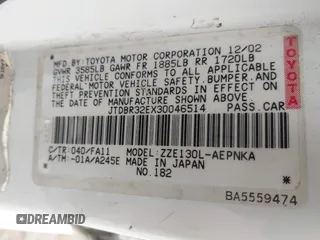 2003 Toyota Corolla CE with VIN JTDBR32EX30046514, listed as a IAAI auction lot 42013470 with 209,504 mi miles and . Bid and sale history available at DreamBid. Image 9.