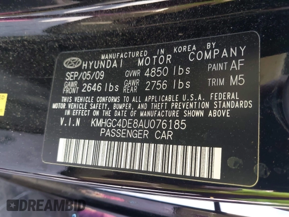 2010 Hyundai Genesis with VIN KMHGC4DE8AU076185, listed as a IAAI auction lot 41996812 with 147,645 mi miles. Bid and sale history available at carsss.com. Image 9.