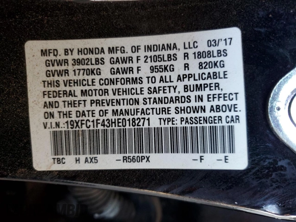 2017 Honda Civic Sedan EX-T with VIN 19XFC1F43HE018271, listed as a Copart auction lot 40249204 with 97,409 mi miles and Salvage Title. Bid and sale history available at carsss.com. Image 12.