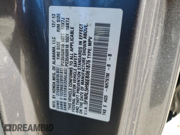 2014 Honda Odyssey Touring with VIN 5FNRL5H96EB061876, listed as a Copart auction lot 49759935 with 132,591 mi miles and Salvage Title. Bid and sale history available at DreamBid. Image 13.