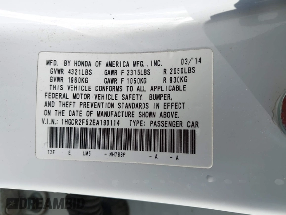 2014 Honda Accord Sport with VIN 1HGCR2F52EA190114, listed as a IAAI auction lot 39922328 with 168,814 mi miles and . Bid and sale history available at carsss.com. Image 9.