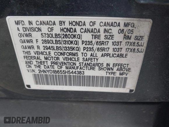 2005 Acura MDX Touring z VIN 2HNYD18655H544383, wystawiony jako IAAI lot #41898843 z przebiegiem 221 177 mil mil oraz . Historia ofert i sprzedaży dostępna na DreamBid. Obrazek 9.