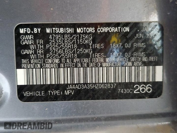 2017 Mitsubishi Outlander SE with VIN JA4AD3A35HZ062837, listed as a Copart auction lot 54755665 with 109,985 mi miles and Salvage title. Bid and sale history available at DreamBid. Image 12.