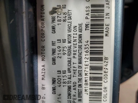 2014 Mazda 3 i Grand Touring with VIN JM1BM1M71E1216354, listed as a Copart auction lot 42301285 with 124,873 mi miles and Salvage Title. Bid and sale history available at DreamBid. Image 13.