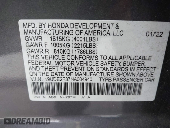 2022 Acura ILX with VIN 19UDE2F37NA004940, listed as a IAAI auction lot 41772235 with 31,920 mi miles and . Bid and sale history available at DreamBid. Image 9.
