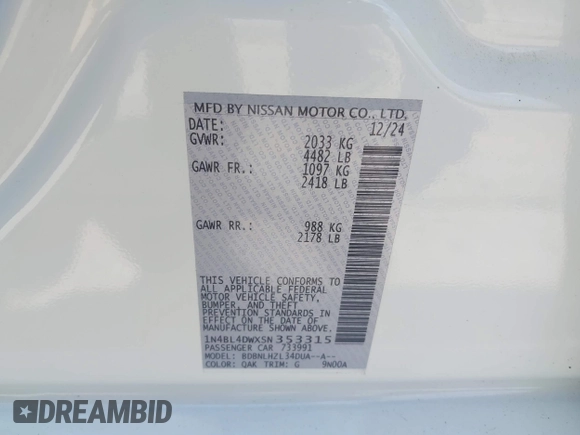 2025 Nissan Altima SV with VIN 1N4BL4DWXSN353315, listed as a IAAI auction lot 41975505 with 6,428 mi miles and . Bid and sale history available at DreamBid. Image 9.