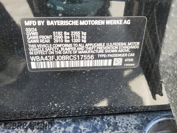 2024 BMW 5 Series 530i z VIN WBA43FJ08RCS17556, wystawiony jako Copart lot #48853495 z przebiegiem 4 151 mil mil oraz Szkoda całkowita • Salvage title. Historia ofert i sprzedaży dostępna na DreamBid. Obrazek 14.