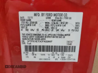 2012 Ford F-150 XL with VIN 1FTFX1ET3CFA22607, listed as a Copart auction lot 54562105 with 217,778 mi miles and Clean Title. Bid and sale history available at carsss.com. Image 12.