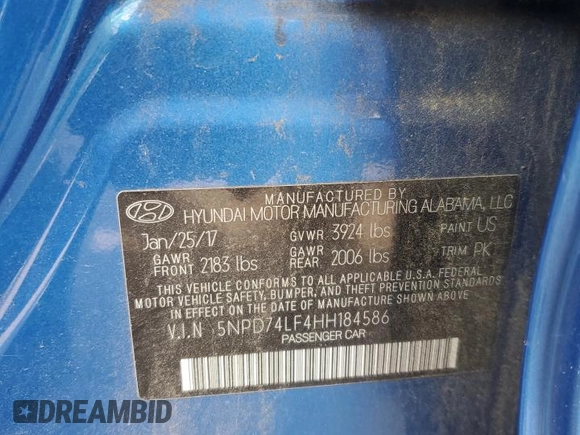 2017 Hyundai Elantra SE z VIN 5NPD74LF4HH184586, wystawiony jako Copart lot #56486295 z przebiegiem 105 485 mil mil oraz Szkoda całkowita • Salvage title. Historia ofert i sprzedaży dostępna na DreamBid. Obrazek 12.