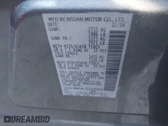 2017 Infiniti QX60 with VIN 5N1DL0MM5HC511960, listed as a IAAI auction lot 41779522 with 145,234 mi miles and . Bid and sale history available at DreamBid. Image 9.