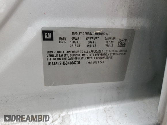 2012 Chevrolet Sonic LS z VIN 1G1JA5SH6C4164795, wystawiony jako Copart lot #55952365 z przebiegiem 119 966 mil mil oraz Szkoda całkowita • Salvage title. Historia ofert i sprzedaży dostępna na DreamBid. Obrazek 13.
