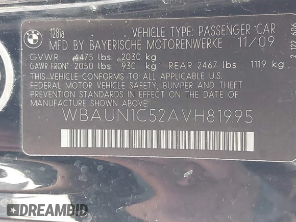 2010 BMW 1 Series 128i с VIN WBAUN1C52AVH81995, выставлен на аукционе IAAI как лот 42359298 с пробегом 137 443 миль миль и . История ставок и продаж доступна на DreamBid. Изображение 9.