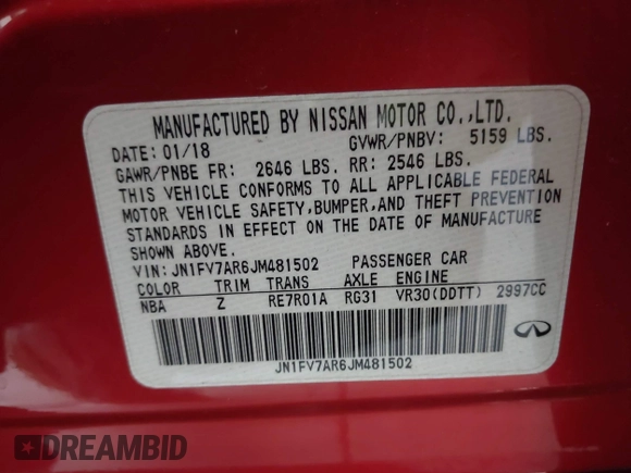 2018 Infiniti Q50 Red Sport 400 with VIN JN1FV7AR6JM481502, listed as a IAAI auction lot 41622523 with 74,097 mi miles and . Bid and sale history available at DreamBid. Image 9.
