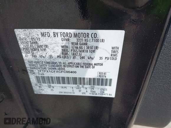 2012 Ford F-150 XL with VIN 1FTFX1CFXCFC00400, listed as a IAAI auction lot 42082368 with 214,148 mi miles. Bid and sale history available at carsss.com. Image 9.