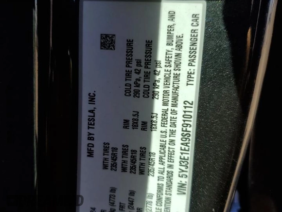 2025 Tesla Model 3 Long Range with VIN 5YJ3E1EA9SF910112, listed as a Copart auction lot 57993525 with 4,645 mi miles and Salvage title. Bid and sale history available at DreamBid. Image 13.