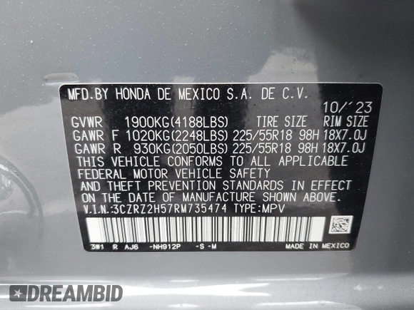 2024 Honda HR-V Sport with VIN 3CZRZ2H57RM735474, listed as a IAAI auction lot 42169311 with 12,001 mi miles and . Bid and sale history available at DreamBid. Image 9.