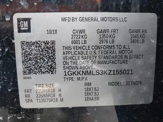 2019 GMC Acadia SLT with VIN 1GKKNMLS3KZ155031, listed as a IAAI auction lot 41633067 with 150,086 mi miles. Bid and sale history available at carsss.com. Image 9.
